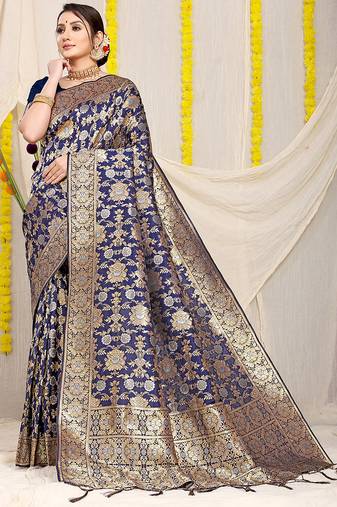 Navy blue banarasi silk blend saree with rich gold zari floral weaving