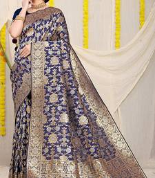 Navy blue banarasi silk blend saree with rich gold zari floral weaving