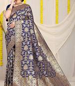 Navy blue banarasi silk blend saree with rich gold zari floral weaving