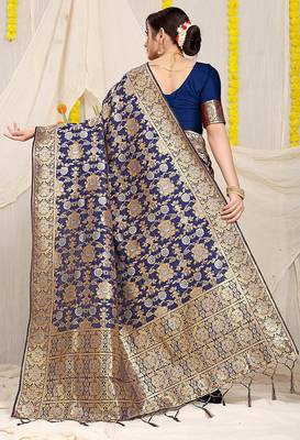 Navy blue banarasi silk blend saree with rich gold zari floral weaving 2