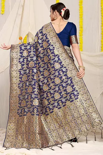 Navy blue banarasi silk blend saree with rich gold zari floral weaving