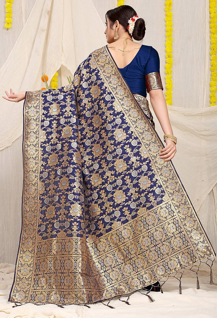 Navy blue banarasi silk blend saree with rich gold zari floral weaving