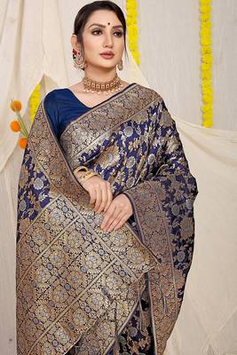 Navy blue banarasi silk blend saree with rich gold zari floral weaving 3