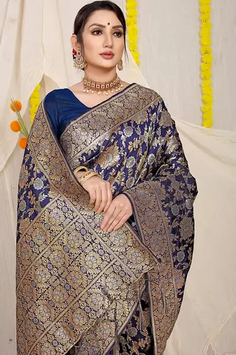 Navy blue banarasi silk blend saree with rich gold zari floral weaving