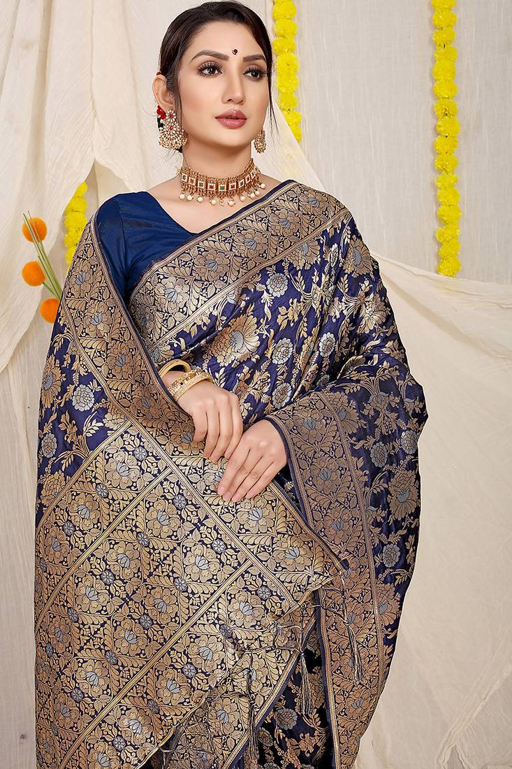 Navy blue banarasi silk blend saree with rich gold zari floral weaving