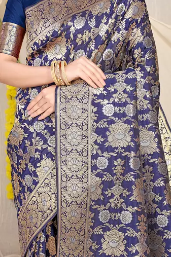 Navy blue banarasi silk blend saree with rich gold zari floral weaving
