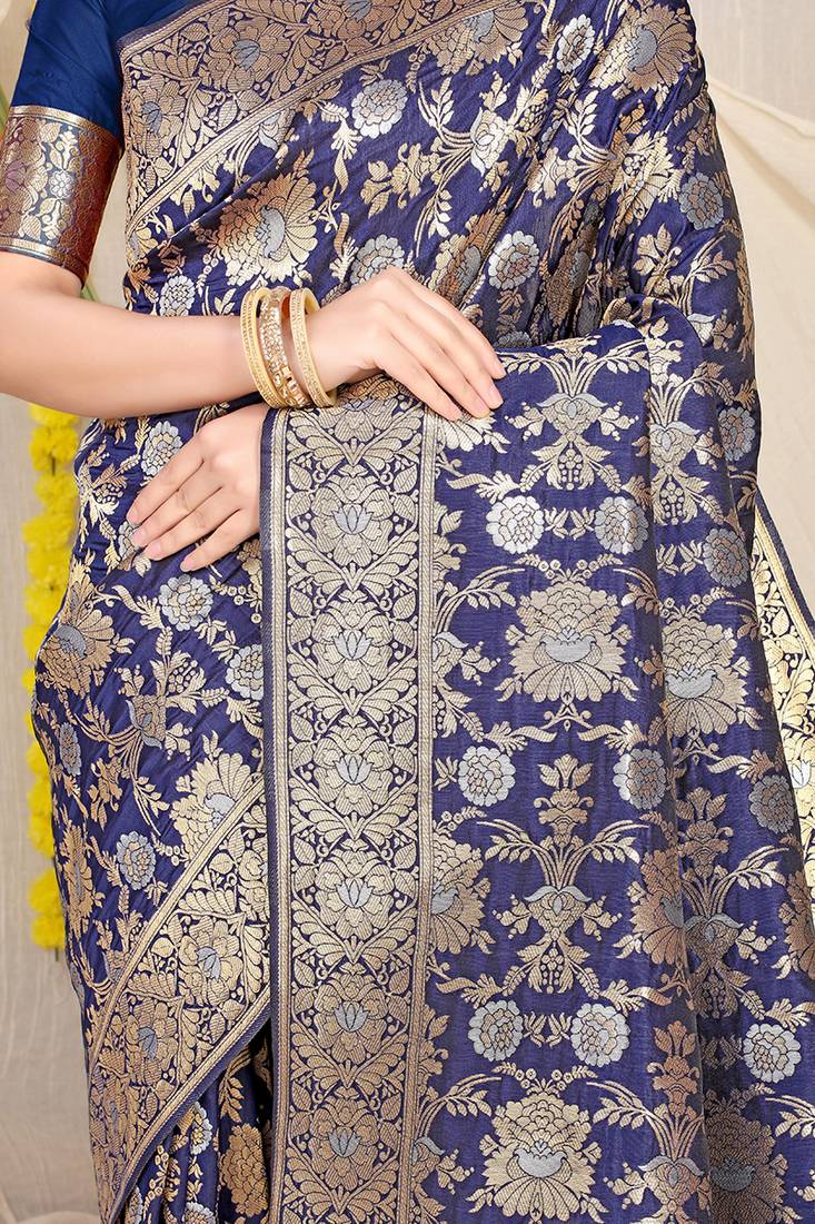 Navy blue banarasi silk blend saree with rich gold zari floral weaving
