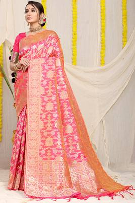 Pink banarasi silk blend saree with rich gold zari floral weaving 1