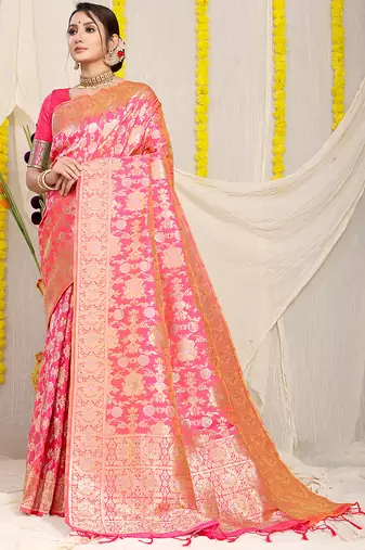 Pink banarasi silk blend saree with rich gold zari floral weaving