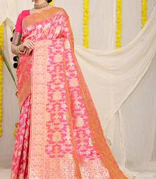 Pink banarasi silk blend saree with rich gold zari floral weaving