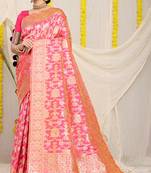 Pink banarasi silk blend saree with rich gold zari floral weaving