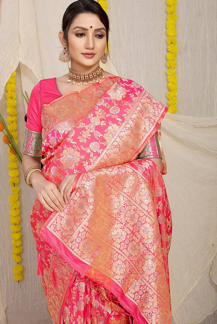 Pink banarasi silk blend saree with rich gold zari floral weaving