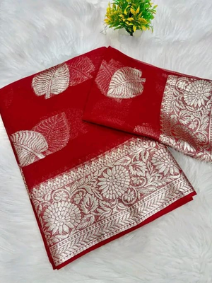 Red Color zari Weaving Work Jaquard Saree 2