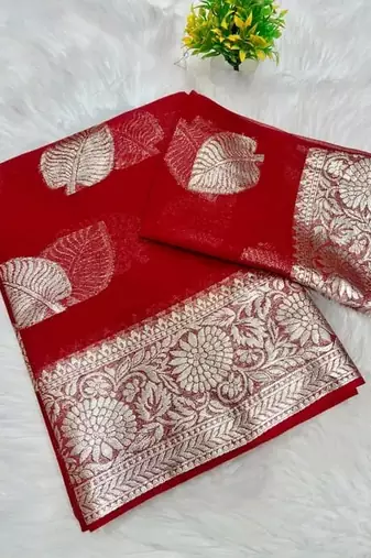 Red Color zari Weaving Work Jaquard Saree