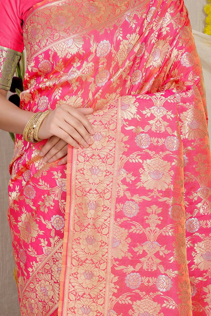 Pink banarasi silk blend saree with rich gold zari floral weaving