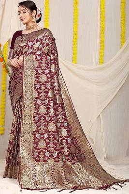 Wine banarasi silk blend saree with rich gold zari floral weaving 1