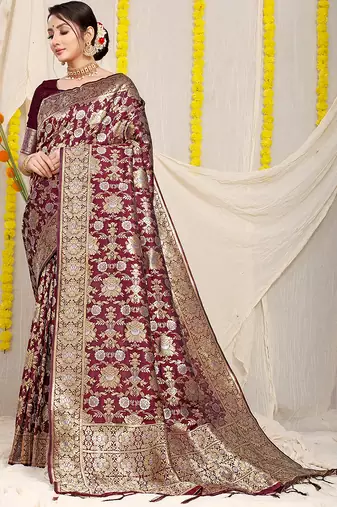 Wine banarasi silk blend saree with rich gold zari floral weaving