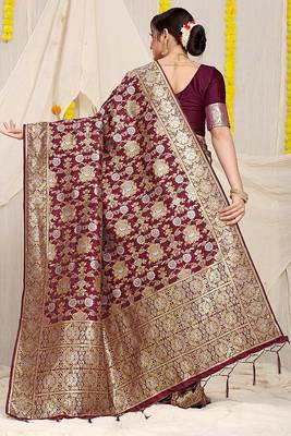 Wine banarasi silk blend saree with rich gold zari floral weaving 2