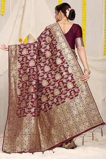 Wine banarasi silk blend saree with rich gold zari floral weaving