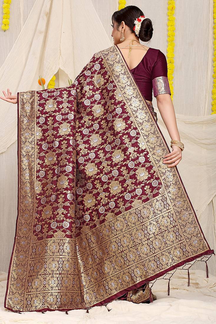 Wine banarasi silk blend saree with rich gold zari floral weaving
