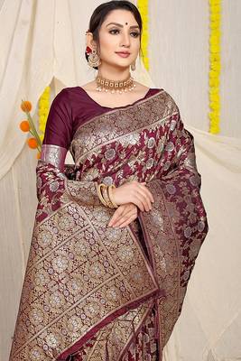 Wine banarasi silk blend saree with rich gold zari floral weaving 3