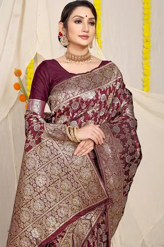 Wine banarasi silk blend saree with rich gold zari floral weaving