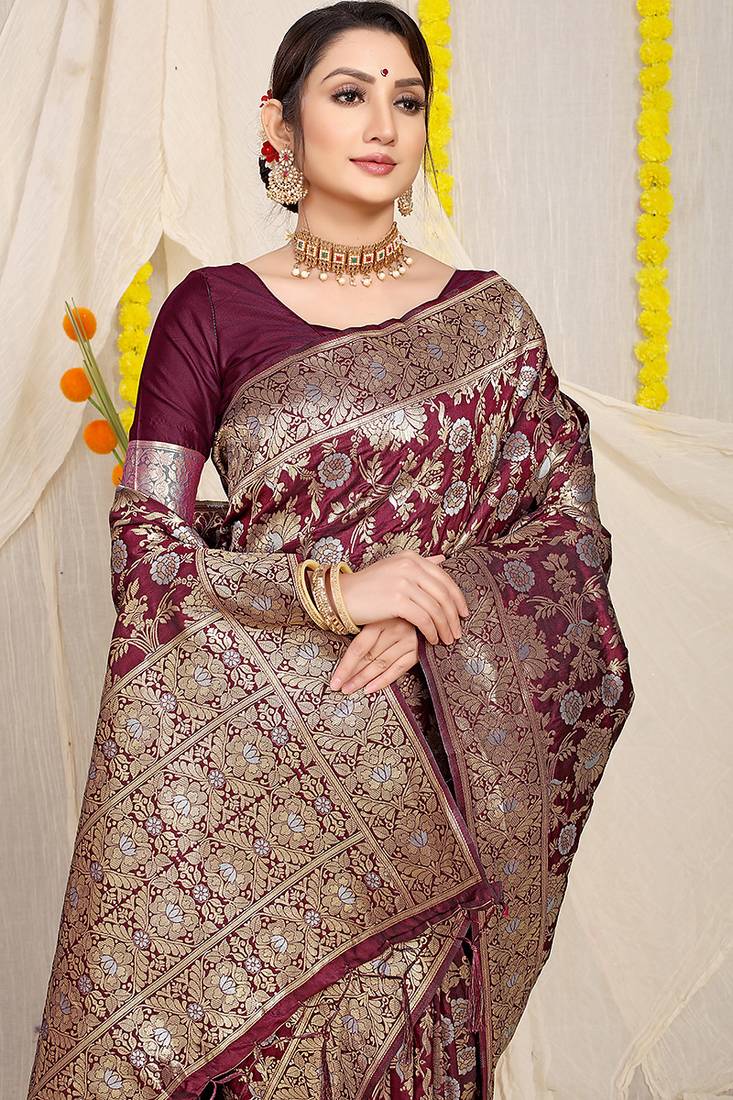 Wine banarasi silk blend saree with rich gold zari floral weaving