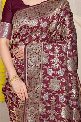 Wine banarasi silk blend saree with rich gold zari floral weaving 4
