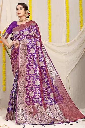 Purple banarasi silk blend saree with rich gold zari floral weaving