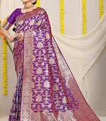 Purple banarasi silk blend saree with rich gold zari floral weaving