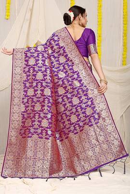 Purple banarasi silk blend saree with rich gold zari floral weaving 2