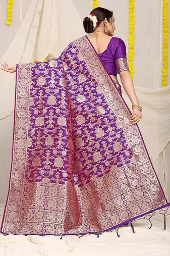Purple banarasi silk blend saree with rich gold zari floral weaving