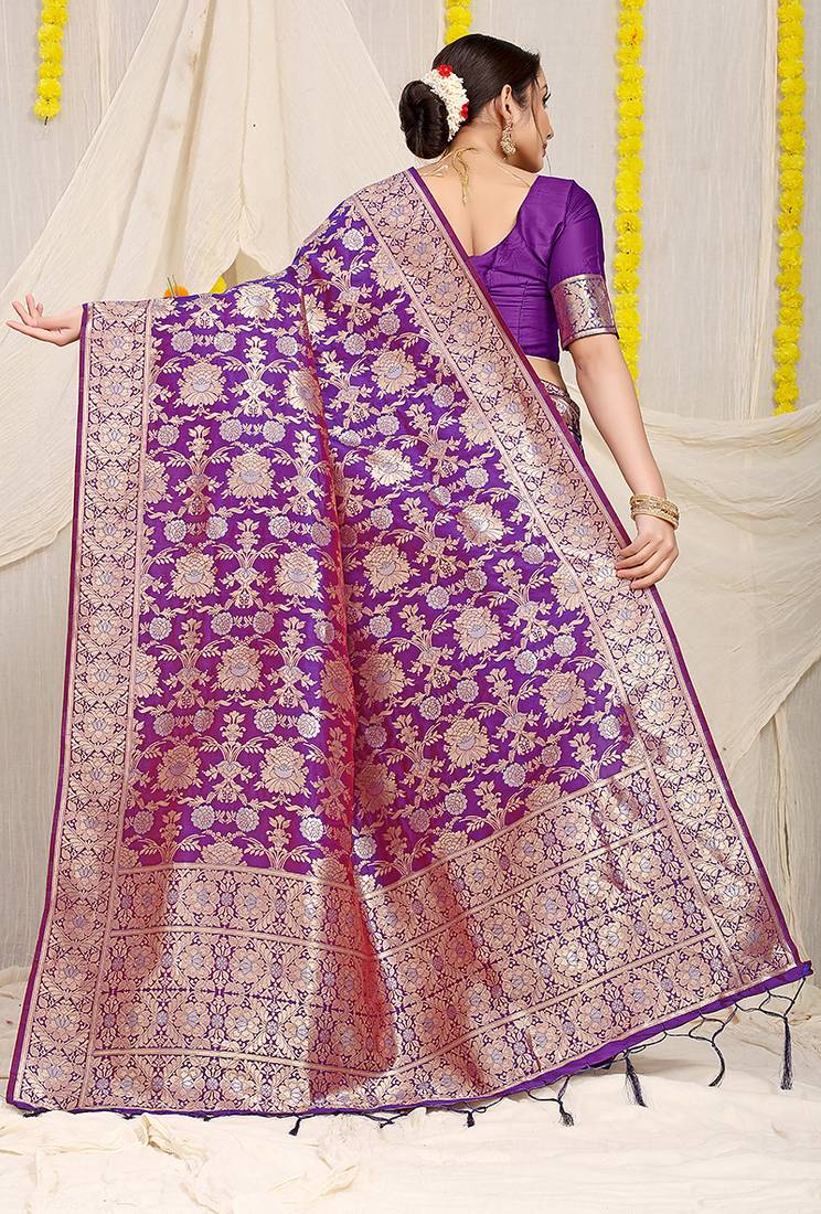 Purple banarasi silk blend saree with rich gold zari floral weaving
