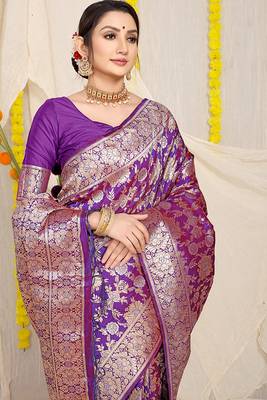 Purple banarasi silk blend saree with rich gold zari floral weaving 3