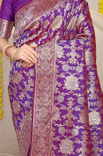 Purple banarasi silk blend saree with rich gold zari floral weaving