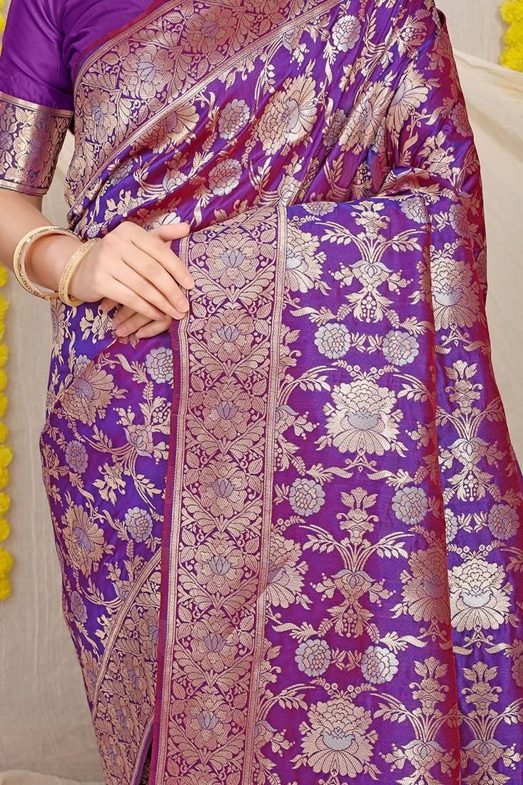 Purple banarasi silk blend saree with rich gold zari floral weaving