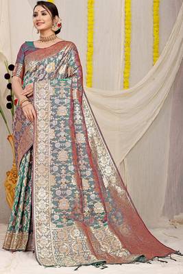 Teal banarasi silk blend saree with rich gold zari floral weaving 1