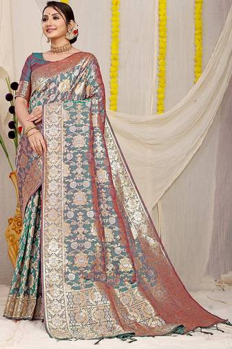 Teal banarasi silk blend saree with rich gold zari floral weaving