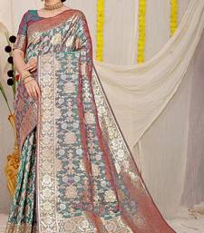 Teal banarasi silk blend saree with rich gold zari floral weaving