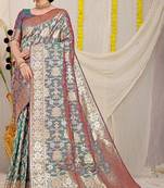Teal banarasi silk blend saree with rich gold zari floral weaving