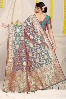 Teal banarasi silk blend saree with rich gold zari floral weaving 2