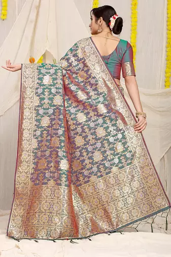 Teal banarasi silk blend saree with rich gold zari floral weaving