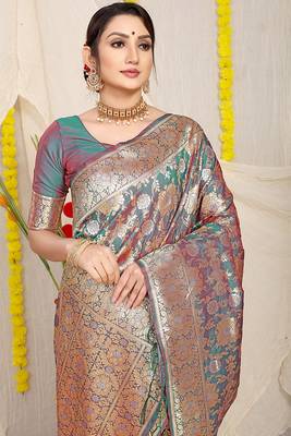 Teal banarasi silk blend saree with rich gold zari floral weaving 3