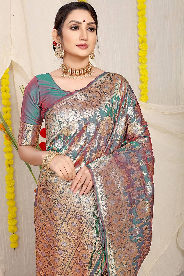 Teal banarasi silk blend saree with rich gold zari floral weaving