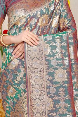 Teal banarasi silk blend saree with rich gold zari floral weaving 4