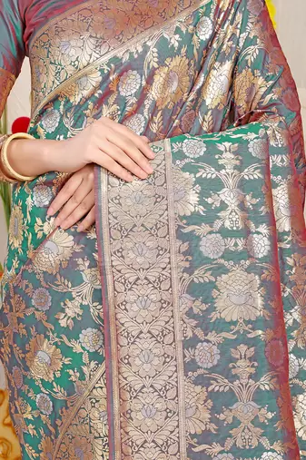 Teal banarasi silk blend saree with rich gold zari floral weaving