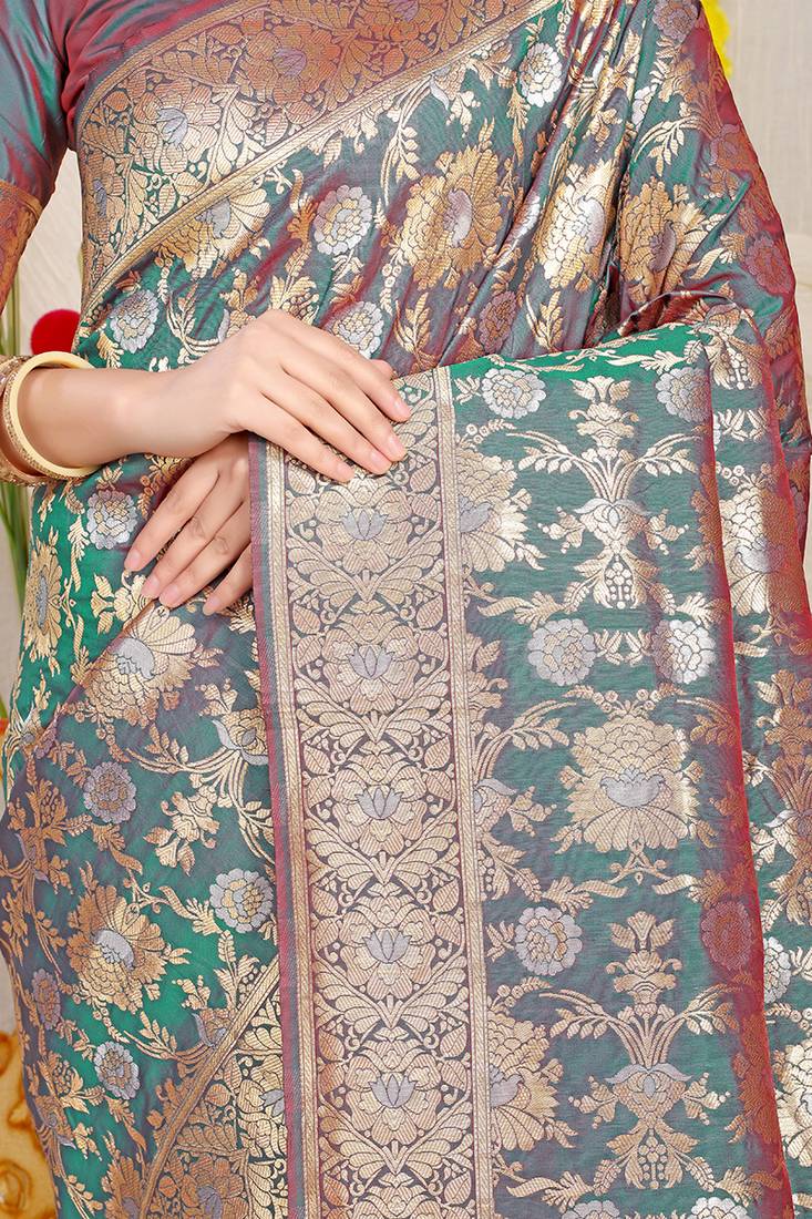 Teal banarasi silk blend saree with rich gold zari floral weaving