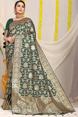 Bottle green banarasi silk blend saree with rich gold zari floral weaving 1