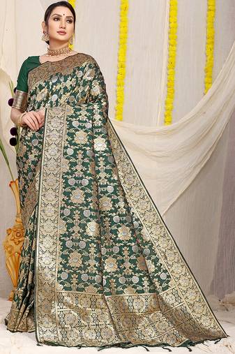 Bottle green banarasi silk blend saree with rich gold zari floral weaving