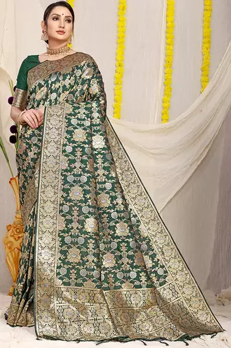 Bottle green banarasi silk blend saree with rich gold zari floral weaving